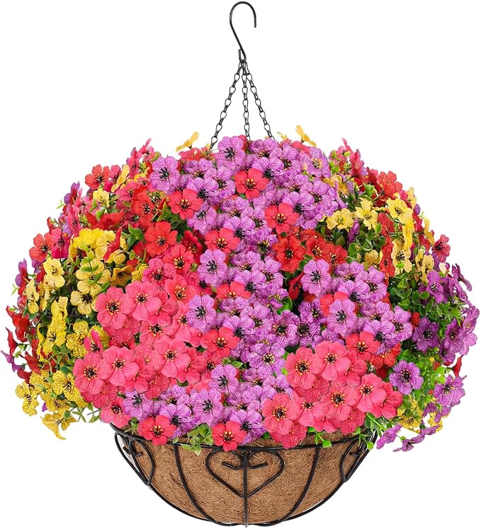 Artificial Hanging Flower for Outdoors, Fake Hanging Basket for Outside,1 Hanging Basket with 13 Pcs Faux Silk Flowers for Porch, Balcony and Patio Decor(Mixed)