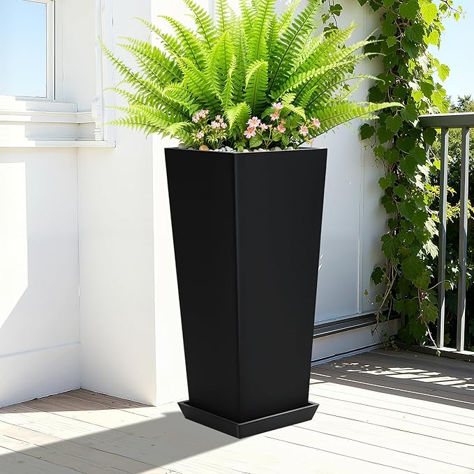 24" Set of 2 Tall Black Planters for Outdoor Plants, Large Flower Pots Planters with Drainage Holes & Tray, Modern Indoor Tapered Planter for Front Porch