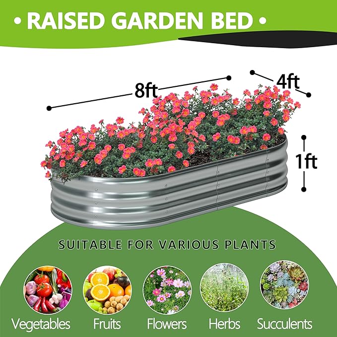 8x4x1ft(2 Pack) Galvanized Oval Raised Garden Bed,Outdoor Planter Box Metal Patio Kit Planting Bed for Vegetables Flowers Herb,Silver