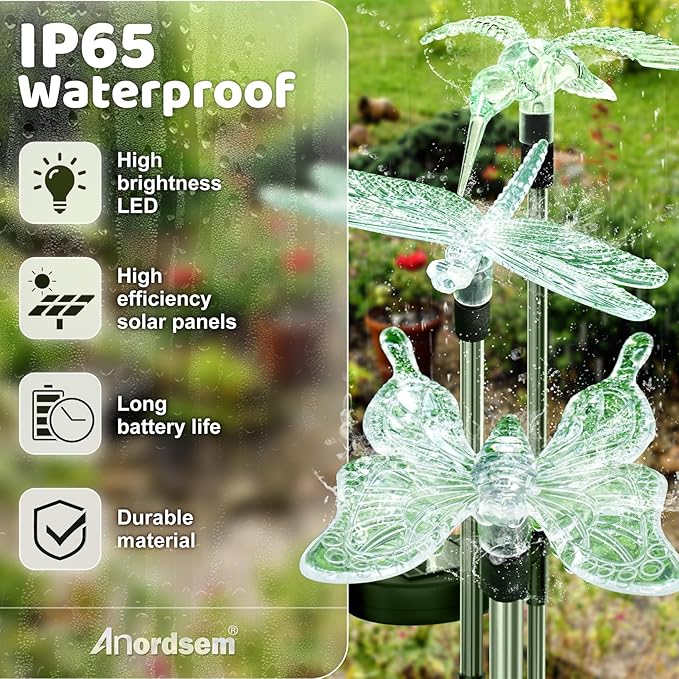 Anordsem Solar Garden Lights Outdoor: 3 Waterproof PVC Insect Stake Light Heads - Changeable Color LED Lighting for Gardener Yard Decoration - Christmas Gifts for Homeowners Over 30