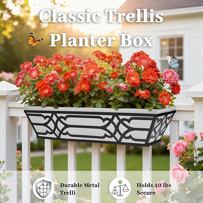 4 Pack 24 Inch Railing Boxes Planter for Outdoor Plants Adjustable Brackets for Porch Fence and Balcony Window Planter Box with Non-Woven Fabric Liner for Hanging Flower Baskets