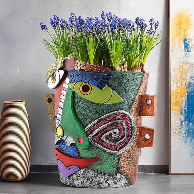 TOZLU Art Abstract Face Planters Pots Head,Unique Fun Abstract Face Flower Pot Ornaments Head Planter Pots Container Colorful Resin Flower Pot for Home and Garden Decor(Picasso Abstract Flowerpot)