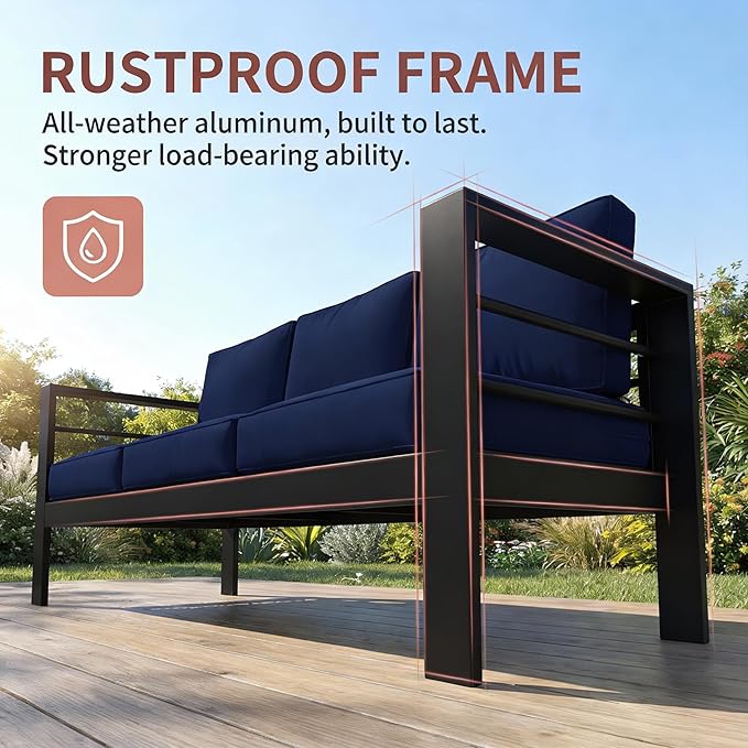 Kiss the Water Outdoor Couch Aluminum Patio Furniture Sofa, 3 Seat All-Weather Metal Patio Couch with 5" Thick and Soft Cushion and Wide Arm, Outdoor Sofa for Balcony, Porch
