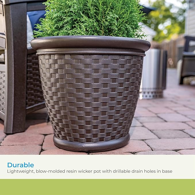 Suncast Sonora 22 Inch Plastic Wicker Indoor or Outdoor Decorative Garden Flower Planter for Entryways, Porch, and Backyard Patios, Dark Brown