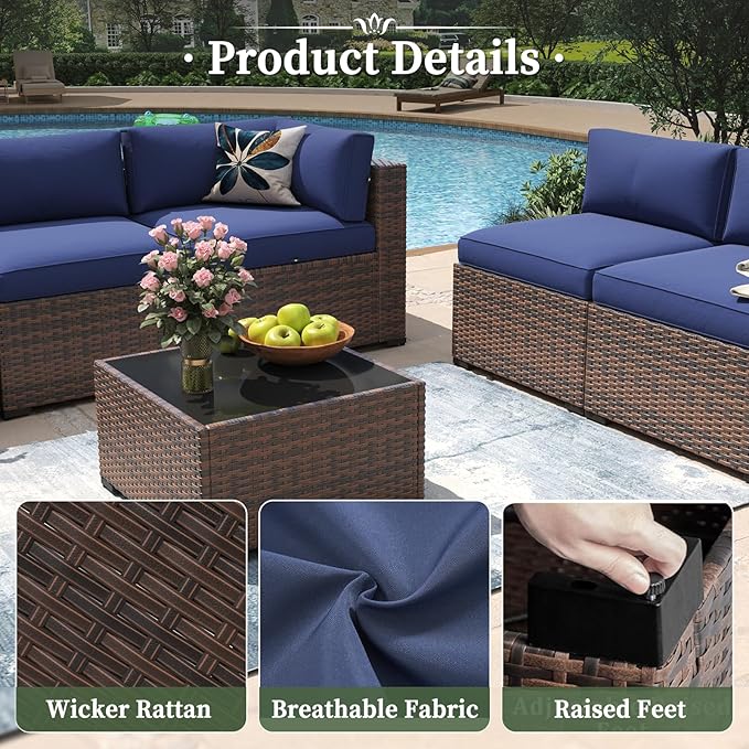 Aoxun 15 Piece Patio Furniture Set with 44” Fire Pit Table Wicker Rattan Outdoor Sectional Sofa Set with Coffee Table and Thickened Cushions, Blue (Waterproof Cover Included)