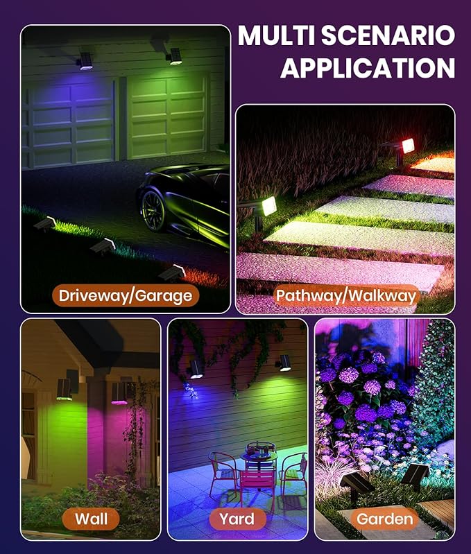 8-Pack Solar Spot Lights Outdoor Multicolor IP67 Waterproof RGB - 6 Colors, 10 Modes, 105° Adjustable Uplights, 58 LED Flood Lights, Valentine's Spotlights for Yard/Garden/Landscape Lighting Outside
