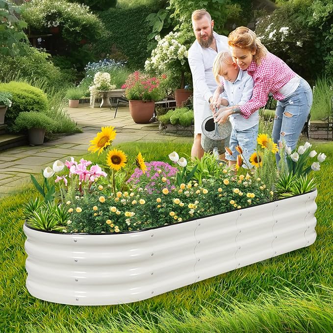 1MORE Galvanized Raised Garden Bed- Planter Garden Boxes Outdoor, Raised Beds for Gardening, 6x2x1ft Metal Garden Bed Kit for Vegetables Flower, Planter Raised Beds with Tools.White