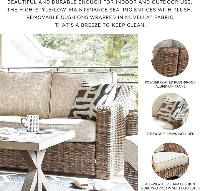 Signature Design by Ashley Beachcroft Casual Nuvella Weather Resistant Fabric, Resin Wicker Outdoor Loveseat with Cushion and 2 Accent Pillows, Dark Brown & Beige