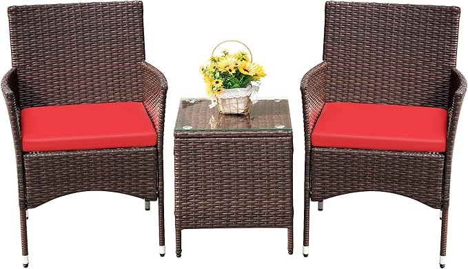 Devoko Patio Porch Furniture Sets 3 Pieces PE Rattan Wicker Chairs with Table Outdoor Garden Furniture Sets (Brown/Red)