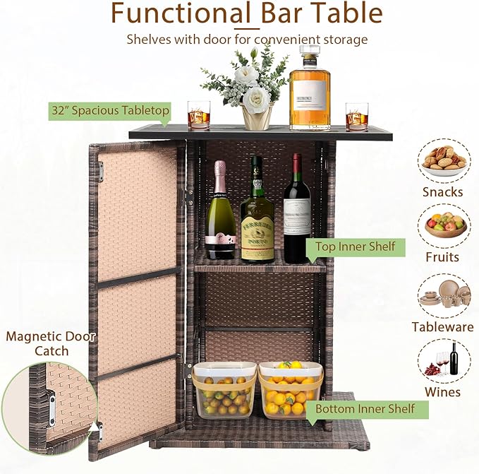 Tangkula 5 Piece Outdoor Rattan Bar Set, Patio Bar Furniture with 4 Cushions Stools and Smooth Top Table with Hidden Storage Shelf, Outdoor Conversation Set for Poolside, Backyard, Lawn