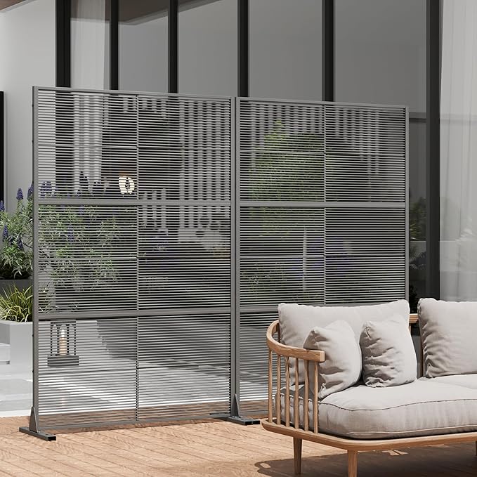 Casaphoria Metal Privacy Screen Outdoor, 72" H x 47" W Freestanding Decorative Privacy Screen for Patio Deck Balcony Garden with Stable Base, Black-Cross Stripe
