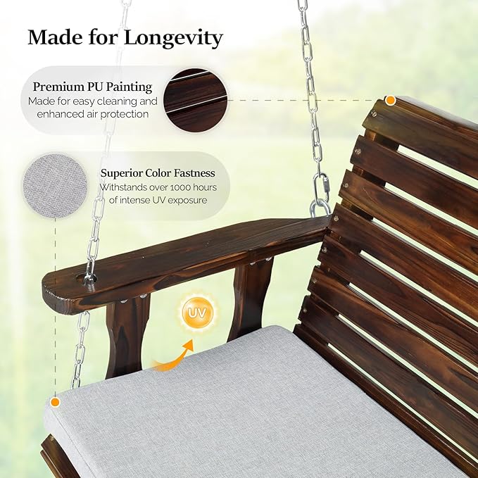 VINGLI Outdoor 4 FT Porch Swing, Heavy Duty 880 LBS Wooden Patio Swings with Cushions, Farmhouse Style Hanging Bench with Adjustable Chains for Yard | Garden | Lawn | Balcony, Rustic