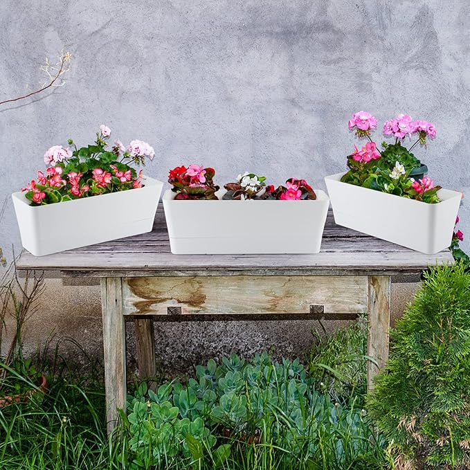 Skelang 3 Pcs Rectangular Plant Pot, 12" Flower Planter Box, Windowsill Container for Succulent, Herb, Vegetable (White)
