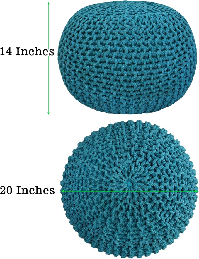 COTTON CRAFT Round Pouf - Hand Knitted Cotton Braid Cord Cable Dori Floor Pouf - Foot Stool - Ottoman Footrest Accent Seat Furniture Bean Bag - Living Room Kids Room Nursery Dorm Décor - 20x14 - Teal
