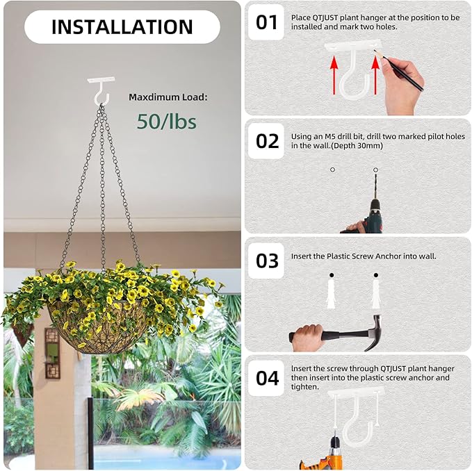 Plant Hooks for Hanging Plant Bracket 6inch Metal Plant Hanger Decorative Wall-Plant Wall Hanger for Hanging Lanterns, Bird Feeder, Flower Basket, Home Decor Indoor & Outdoor 4 Pack(White)