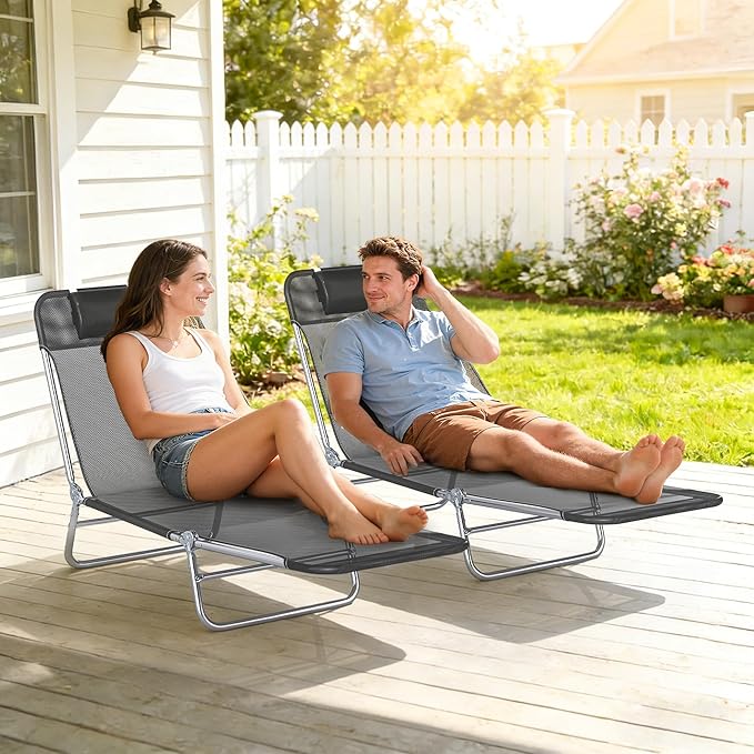 Outsunny 2 Piece Folding Chaise Lounge Chairs, Pool Sun Tanning Chairs with Reclining Back, Breathable Mesh Seat, Headrest for Beach, Yard, Patio, Black
