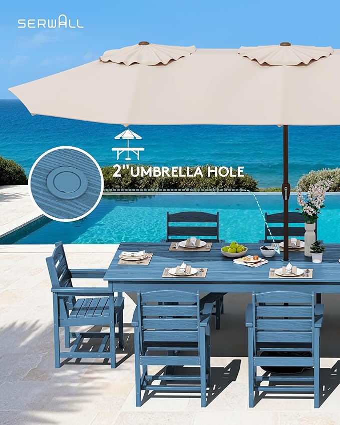 SERWALL 9 Piece Outdoor Dining Set, 84" HDPE Outdoor Table and Chairs for 8，All Weather Patio Furniture Set with Umbrella Hole for Backyard, Garden, Blue