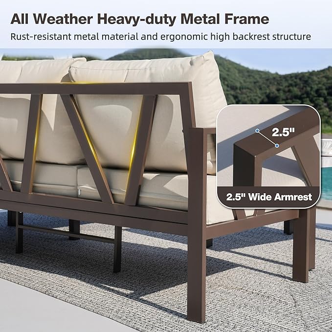 Outdoor Furniture Set, Outdoor Patio Couch Sectional with Ottoman, 3 Pieces Outdoor Patio Sofa Set Deep Seating with 6" Thick Cushions, Upgrade Beige