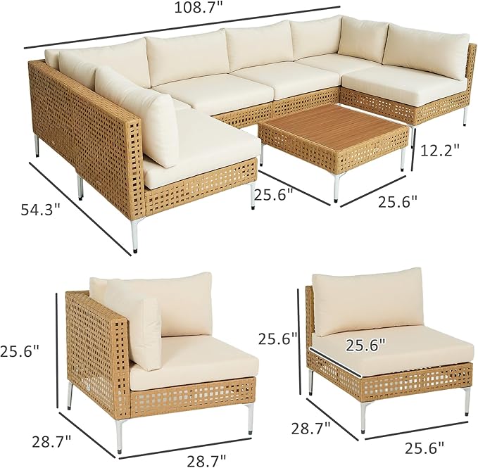 Outsunny 7 Piece Wicker Patio Furniture Set, Modular Outdoor Sectional with Thickened Cushions, Rattan Outdoor Furniture Conversation Set with Slatted Acacia Wood Table for Backyard, Khaki/Beige