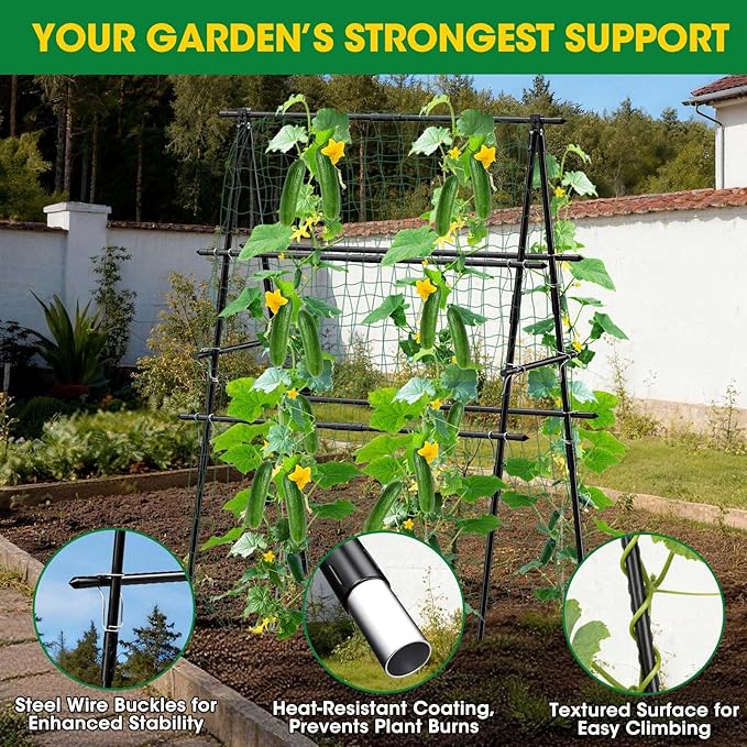 Cucumber Trellis, 31''X47'' A-Frame Cucumber Trellis for Raised Bed with Climbing Net, Metal Garden Trellis for Climbing Plants for Cucumber,Tomato, Grapes and Flowers