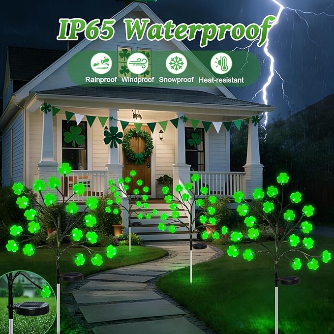 4 Pack St Patricks Day Solar Outdoor Lights, 80 LED St Patricks Day Decorations, Solar Shamrock Stakes Lights with 8 Modes, Waterproof Lucky Green Clover Pathway Light for Yard Garden Lawn Decor