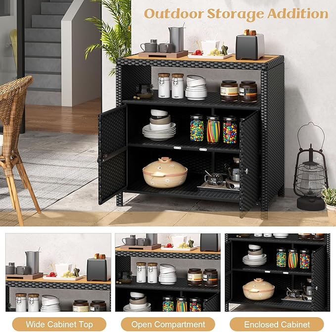 Tangkula Rattan Outdoor Storage Cabinet, Patiojoy Outdoor Cabinet with Acacia Wood Countertop, Open Compartment, 2-Door Wicker Sideboard, Outdoor Bar for Patio Garden Backyard Poolside (Black)