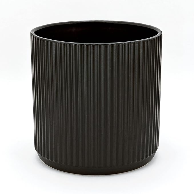 Amazon Basics Fluted Ceramic Round Planter with Drainage Hole, Indoor Outdoor Flower Pot, 8-inch, Black