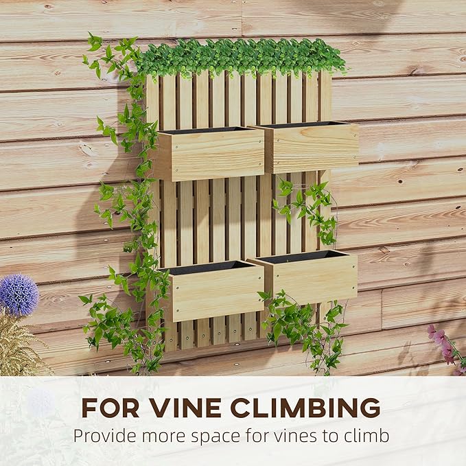 Outsunny 4 Box Raised Garden Bed with Trellis for Vine Flowers & Climbing Plants, 31.5" Tall Wall-Mounted Wood Planter Box Set with Adjustable Height, Drainage Hole, Natural