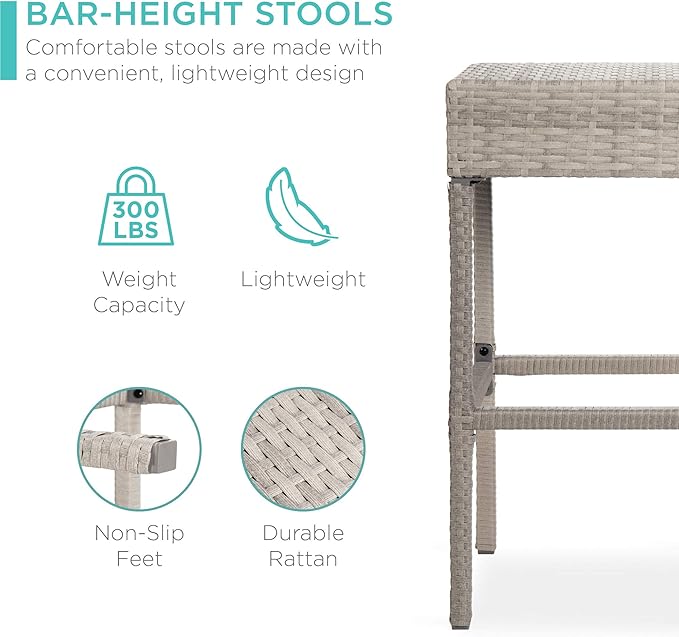 Best Choice Products 5-Piece Outdoor Wicker Bar Table Set for Patio, Poolside, Backyard w/Built-in Bottle Opener, Hidden Storage Shelf, Metal Tabletop, 4 Stools - Gray