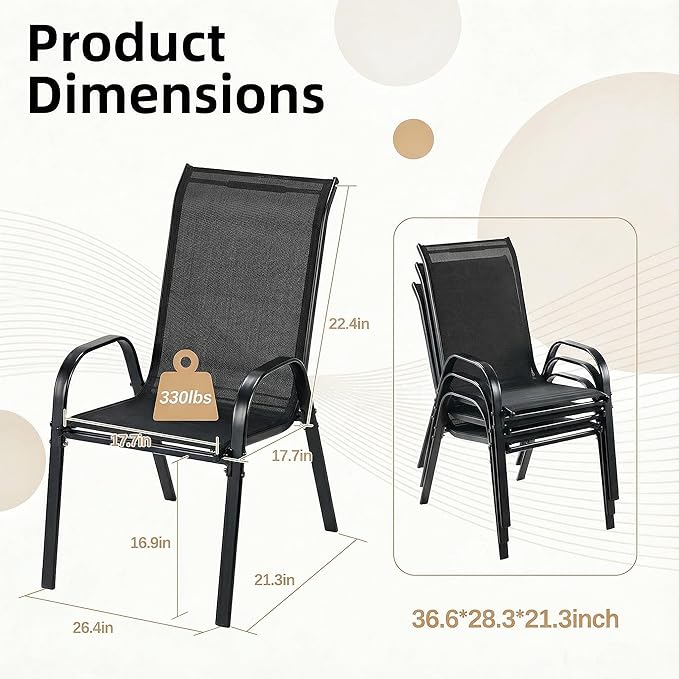 MAMIZO Patio Dining Chairs, Stackable All Weather Teslin Chair, Heavy Duty Outdoor Breathable Chairs Set, w/Armrests, Upgraded Chair FeetW/Strenthened Iron Spacers, 330 LBS (8, Black)