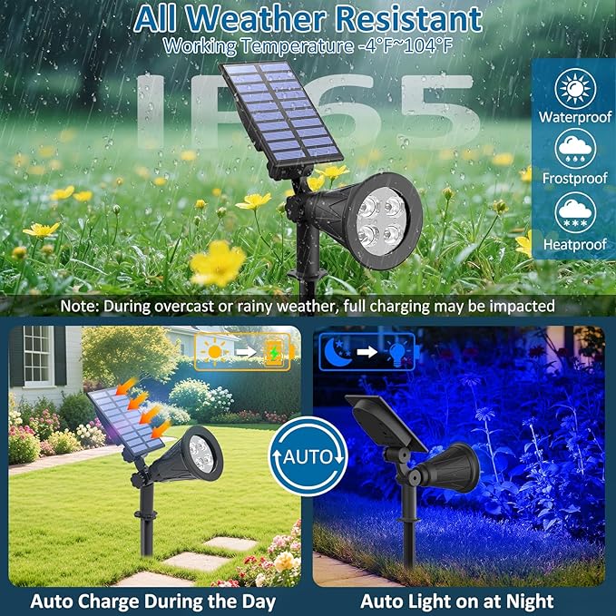 T-SUNUS Christmas Solar Landscape Spotlights Outdoor IP65 Waterproof Blue Spot Lights Outside Auto On/Off Yard Lighting 2 Modes for Tree Driveway Garden Flag Pond Pool Statue Backyard Halloween 4 Pack