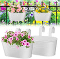 MADHOLLY Railing Planter with Drainage Holes - Sturdy Bucket Pots for Railing Fence, Countryside Style Metal Flower Pots for Herbs Balcony Garden Yard Decor, 2Pcs, White
