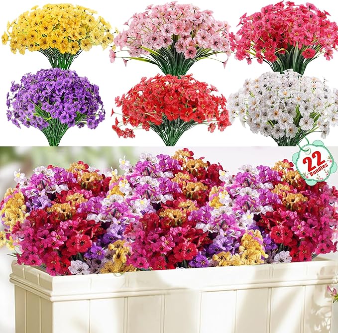 22 Pack Artificial Flowers for Outdoor Indoor Fake Plants, Faux Silk Flowers for Outdoors Outside Front Porch Hanging Planter Window Box Garden Spring Decoration(Multi-Colour)