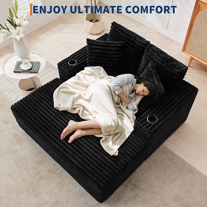 GarveeHome Oversized Chaise Lounge Chair Indoor, 56x60 in Comfortable Corduroy Lounge Sofa with Charging Ports & Cup Holders, Cozy Reading Couch for Bedroom Living Room Apartment, Black