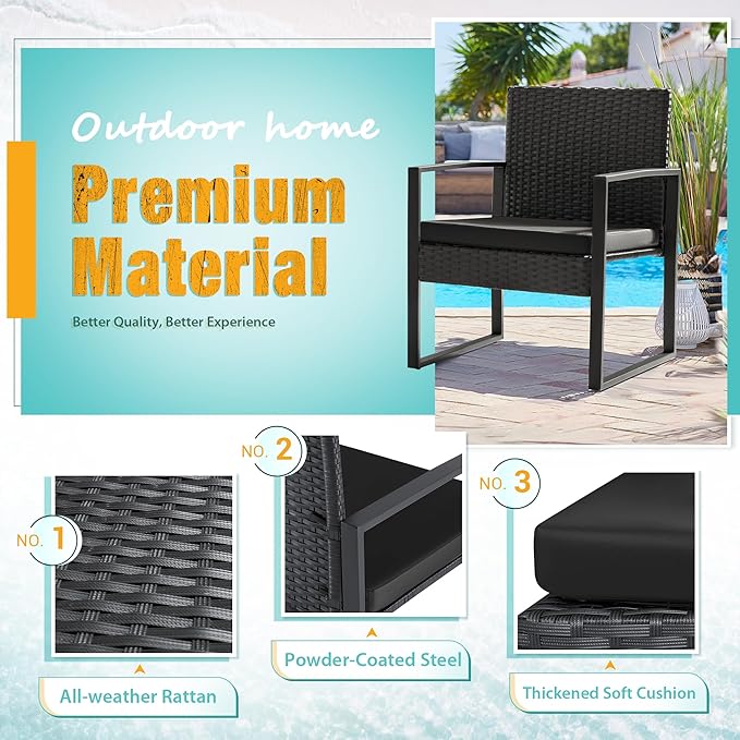 Flamaker 3 Pieces Outdoor Patio Wicker Furniture Set, Modern Rattan Chair Conversation Sets with Coffee Table for Yard and Bistro (Black)
