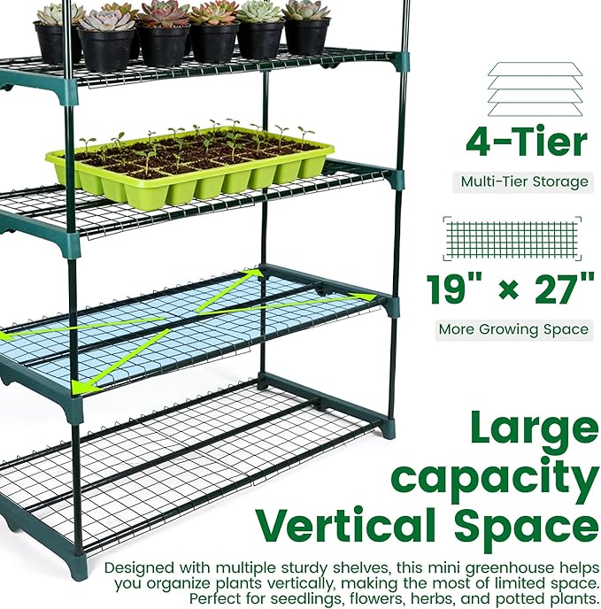 Worth Garden 4 Tier Mini Greenhouse - 63'' H x 27'' L x 19'' W - Sturdy Portable Gardening Shelves with PVC Cover - Small Green House Use in Indoor & Outdoor for Plants Flowers