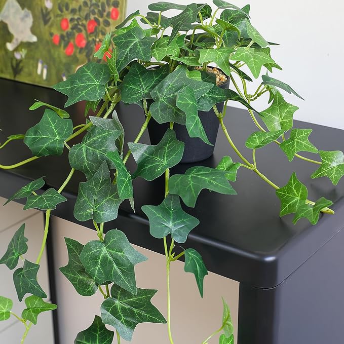 Fake English Ivy Plants in Pots Set of 2 – Realistic Artificial Ivy Greenery for Home Decor, Tabletop, Office, Shelf, Balcony or Bathroom – Lifelike Faux Hanging Vines, No Maintenance Required