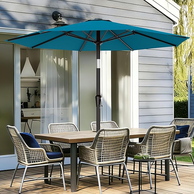 AreShark 9 FT Patio Umbrella for Outdoor, Outdoor Table Umbrella with Push Button Tilt and Crank, Outdoor Patio Umbrellas with 8 Sturdy Ribs for Market, Garden, Pool (Lake Blue)