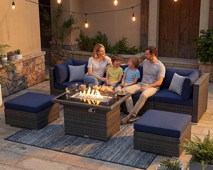 NICESOUL 7 Piece Outdoor Sectional Sofa Set with Firepit Natural Gas & Propane Convertible, Oversized Deep Seating Patio Furniture for Tall Person, 2 Color Cushion Navy & Gray for Easy Maintenance