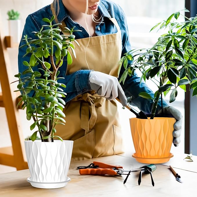 6 Pack 6 Inch Indoor Plant Pots with Drainage Holes, Outdoor Plastic Decorative Flower Pots, Garden Planters with Tray Saucers for Orchids, Violets, Succulents, Herbs, and Other Plants