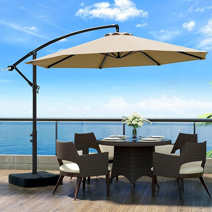 OLILAWN 10ft Patio Umbrella with Base Included, Outdoor Offset Cantilever Umbrella Upgraded Yarn-dyed Fabric Shade, Sturdy 8 Rids,360 Degree Rotation & Easy Tilt Adjustment, for Pool Deck Porch Backyard Garden,Beige