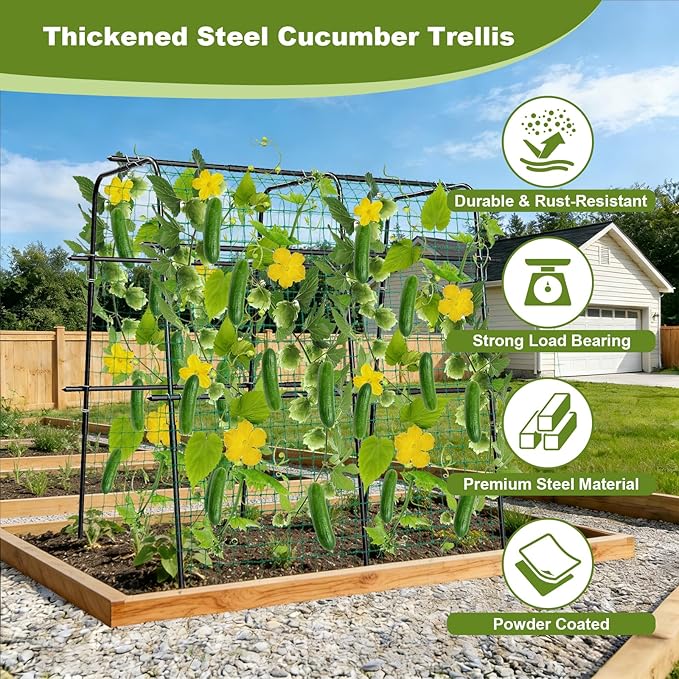 Cucumber Trellis for Raised Bed, 63 Inch A-Frame Garden Trellis for Climbing Plants, Outdoor Vine Trellis with Net, Plant Support for Tomato, Vegetables, Flower (63" L×15.8" W×63" H-Large)
