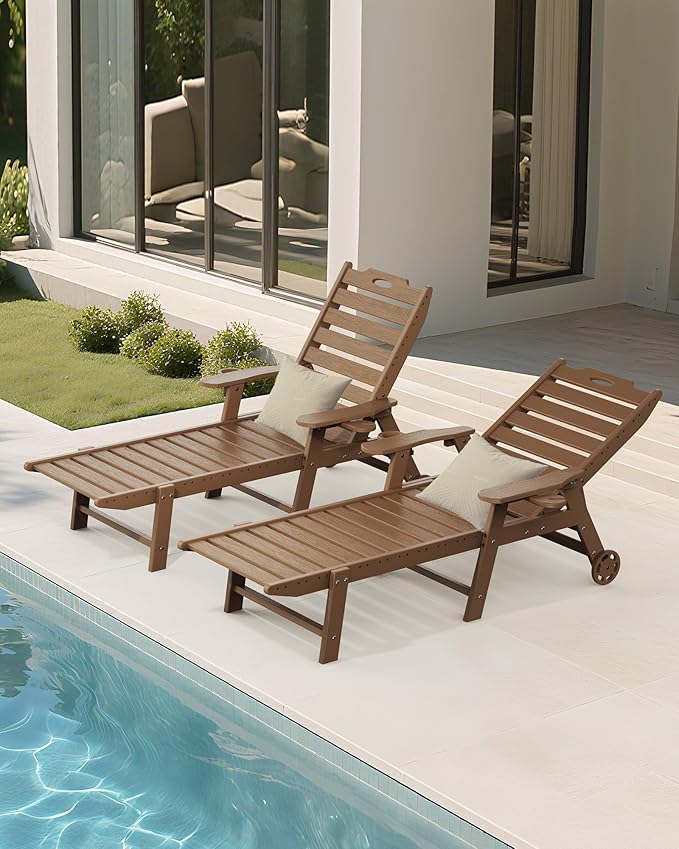 Carauci Lounge Chair Outdoor Set of 2, HDPE Chaise Lounge with Wheels, 5-Position Adjustable Backrest & 2 Cup Holders Patio Lounge Chair, All-Weather Pool Sun Lounger for Poolside, Backyard, Teak