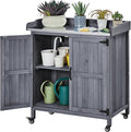 Yaheetech Garden Potting Bench Table, Outdoor Garden Horticultural Wooden Storage Cabinet & Solid Wood Planting Work Bench with Large Space Storage & Metal-Plated Tabletop, Gray