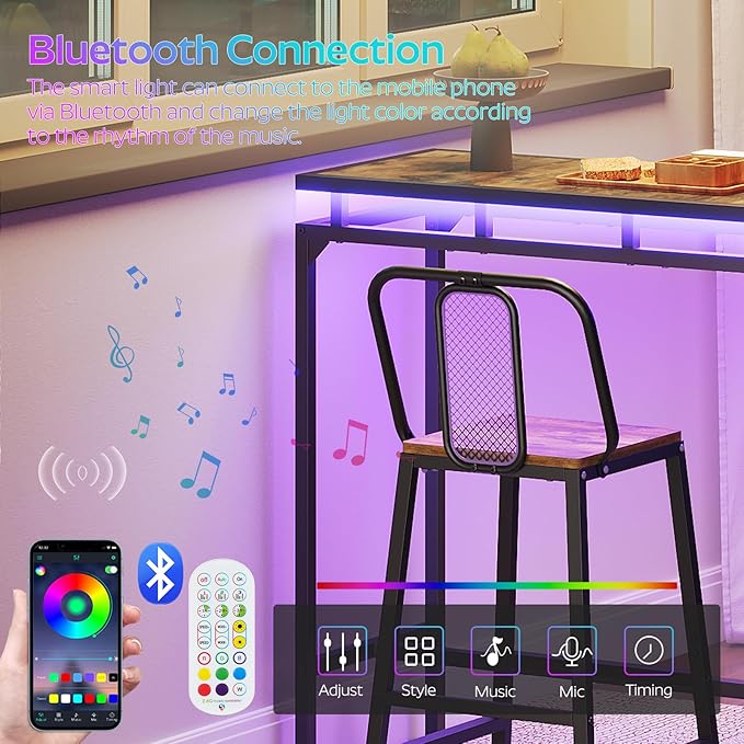 Bar Table with LED Lights, Counter Height Bar Height Table, Pub Gaming Table, Metal Frame, for Living Room, Dining Room, Pub, Rustic Brown and Black BT01DBR