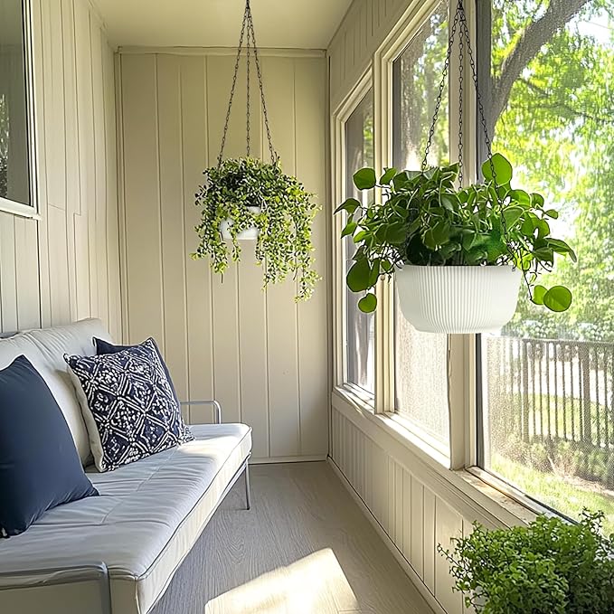 T4U 10 Inch Hanging Planters for Indoor Plants, 2 Pack White Self Watering Hanging Plant Pot, Hanging Pots Set with Drainage Hole & Plug & Chain with 3 Hooks for Garden Home Decor