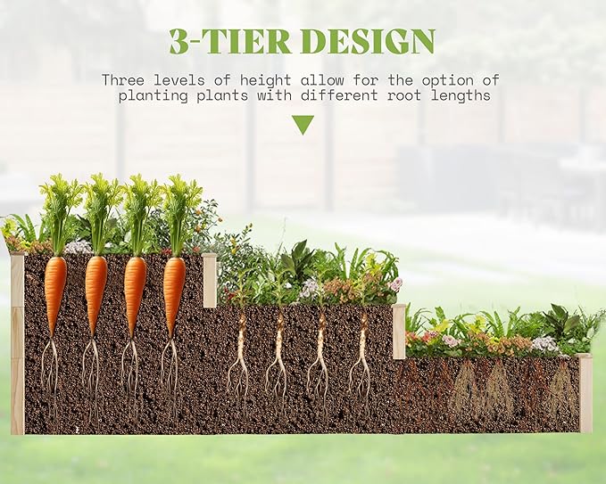 AMERLIFE 3-Tier Raised Garden Bed, 28 Inch Depth Fir Wood Planter Box for Outdoor Gardening with Dividers, Tool-Free Assembly, Garden Box, Ideal for Vegetables, Herbs, Flowers