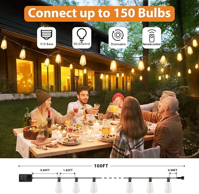 Brightever 3 Color in 1 LED Outdoor String Lights with Remote, 100FT Edison Hanging String Lights for Outside Dimmable, Outdoor Lighting for Patio Café Bistro with 52 ST38 LED Bulbs, 2700K/4000K/5000K