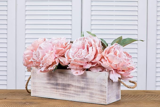 Wooden Planter Box with Handle I Rustic Whitewash I Plastic Liner l Garden Decor l Restaurant and Wedding Decorations l Table Centerpiece (12x4 w Handle Set of 4, Whitewash)