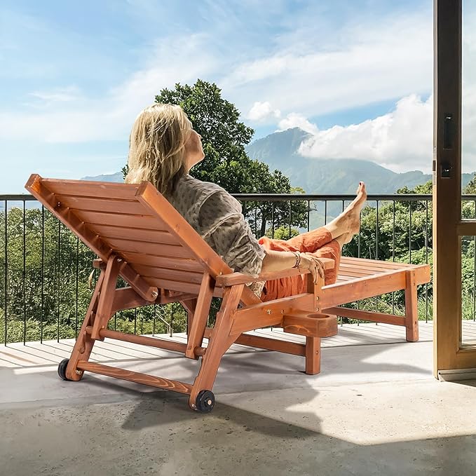 VINGLI Outdoor Chaise Lounge Chair, Wooden Patio Lounger Chair with Adjustable Backrest, Pool Chaise Lounge with Cup Holder & Wheels for Sunbathing Poolside Beach, Brown
